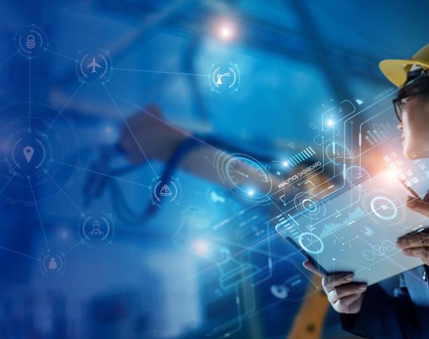 person holding a digital tablet with an overlay of a digital analytics dashboard