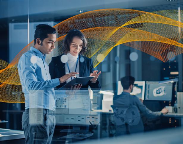 two intel employees with branded mesh art