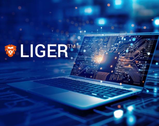 LIGER trademarked logo over an image of a laptop